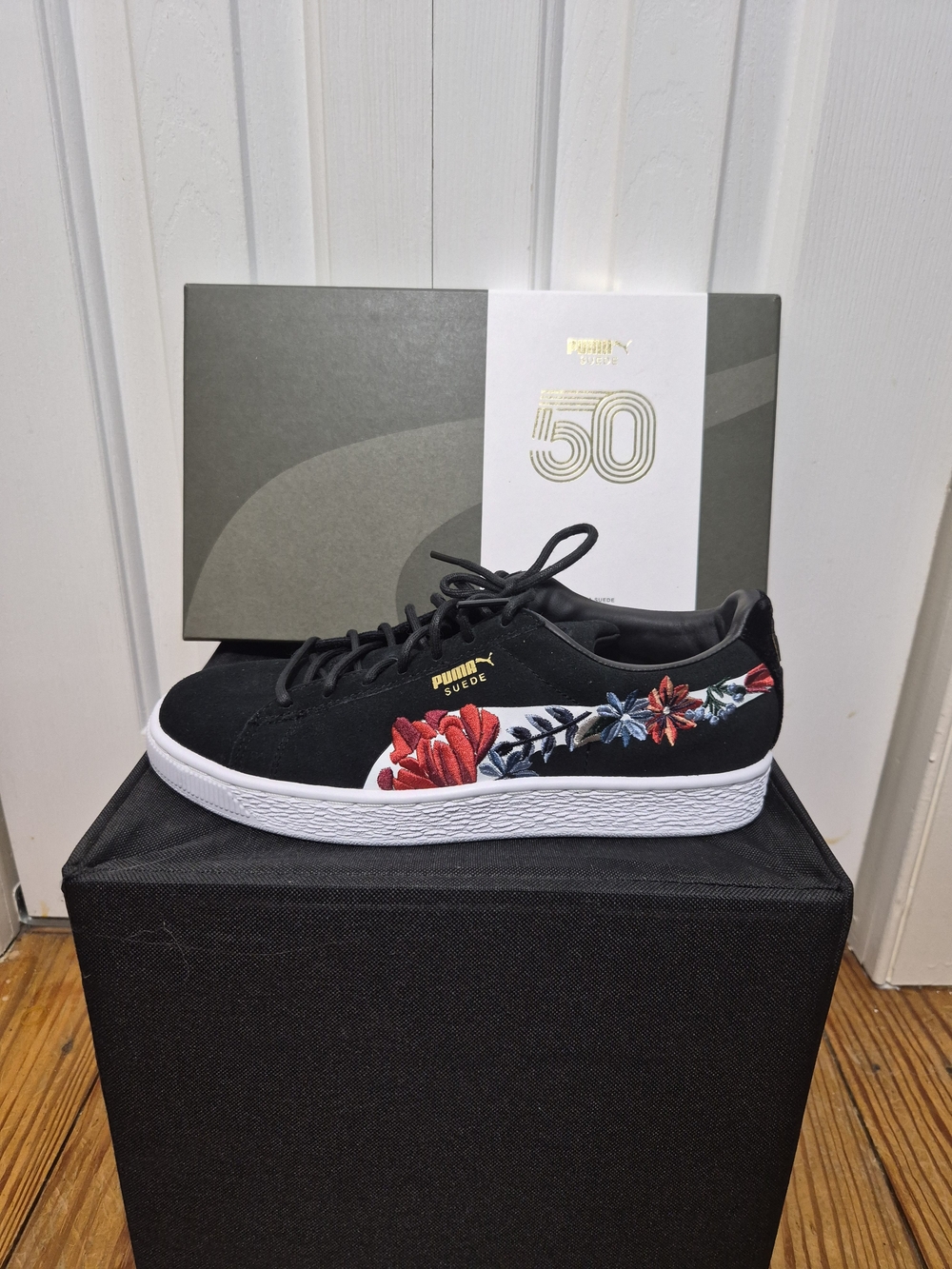 Puma Suede 50th Anniversary - Black Sneakers with Red & Blue Floral Embroidery